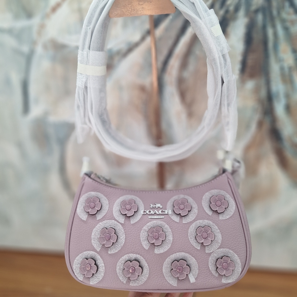 NWT Coach Teri Mini Crossbody Bag With Floral Applique CAJ98 Silver/Lilac